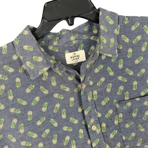 Marine Layer Mens XL Short Sleeve Button Down Shirt Pineapple‎ Print Blue Casual